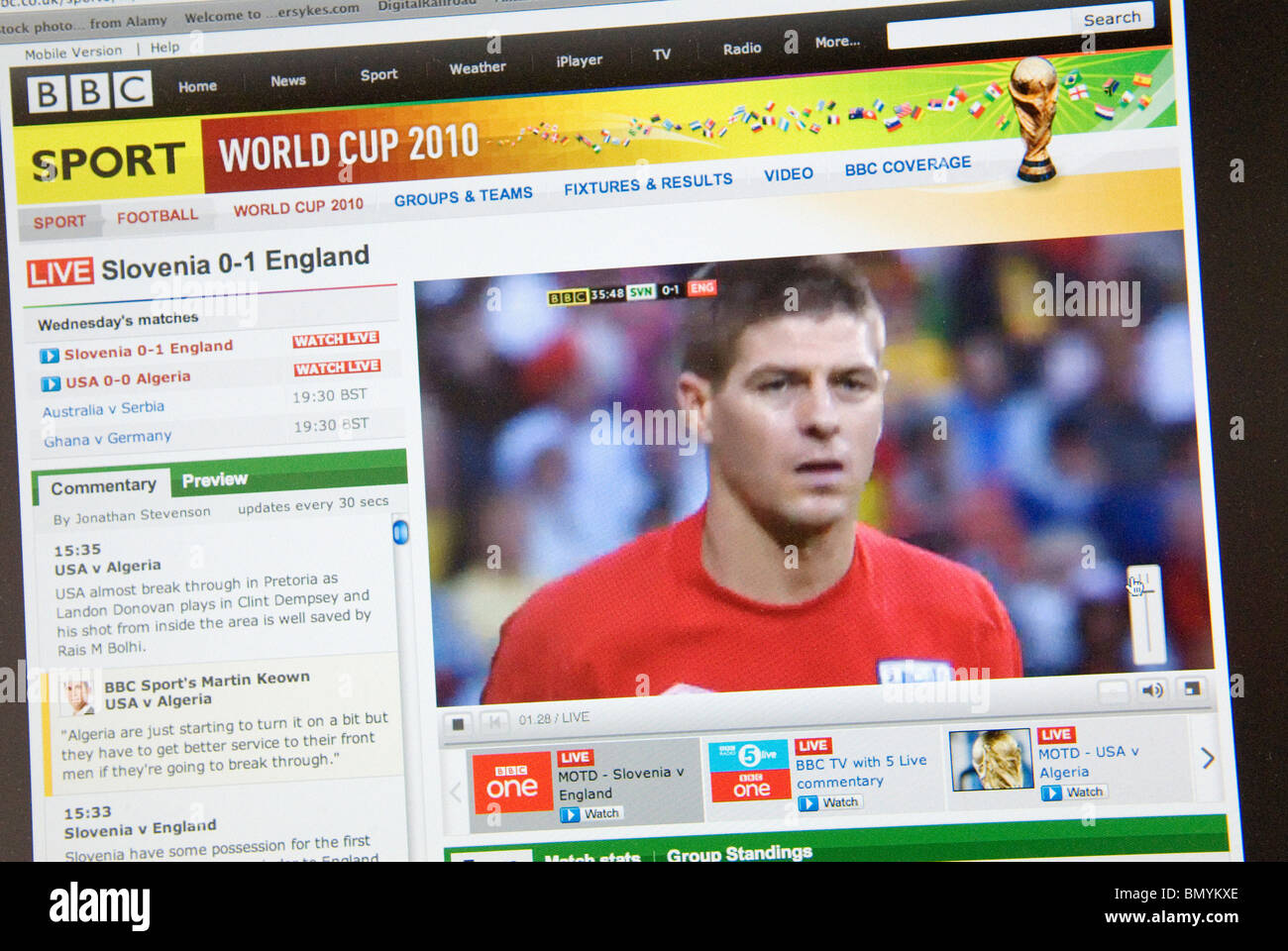 World Cup Football 2010 Live on BBC iplayer on portable computer London UK. England 1 Slovenia 0. Steven Gerrard. Stock Photo
