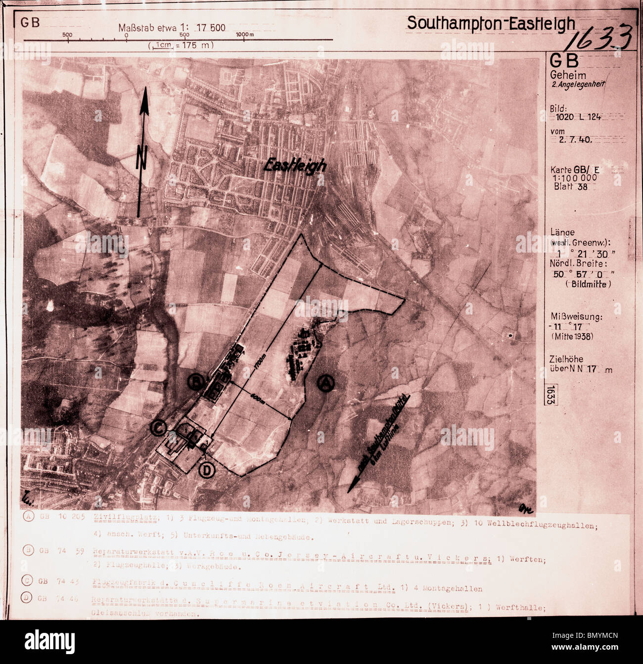 Eastleigh, Southampton - Hampshire 2nd July 1940 Airfield Aerodrome RAF Luftwaffe Aerial Image Stock Photo