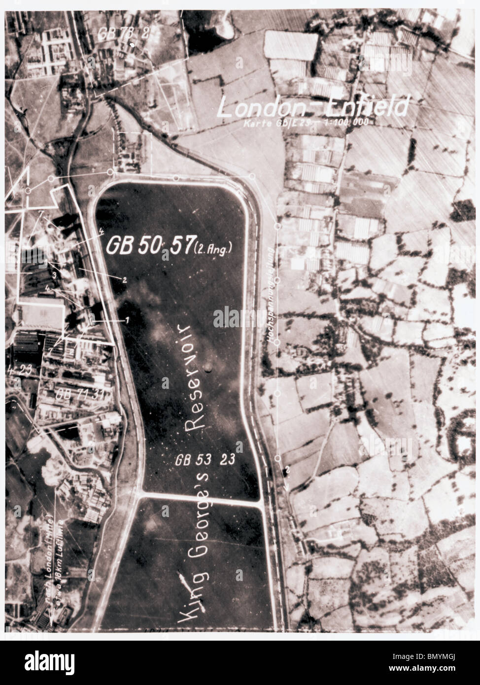 London - Enfield 1940 King George's Reservoir Luftwaffe Aerial Image Stock Photo