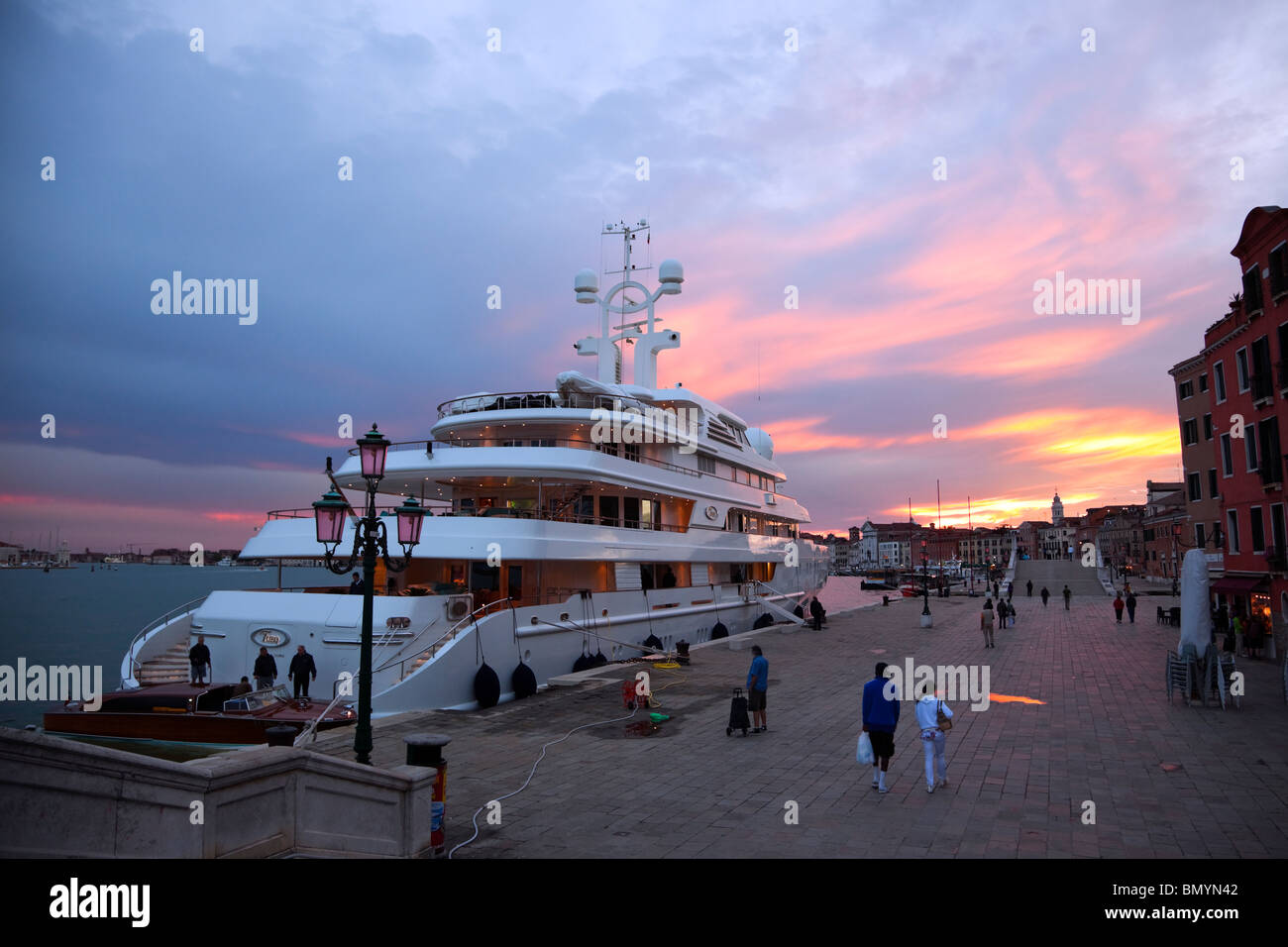 Tueq, the million dollar yacht of Prince Salman of Saudi-Arabia, anchored at Venice, sunset. Stock Photo
