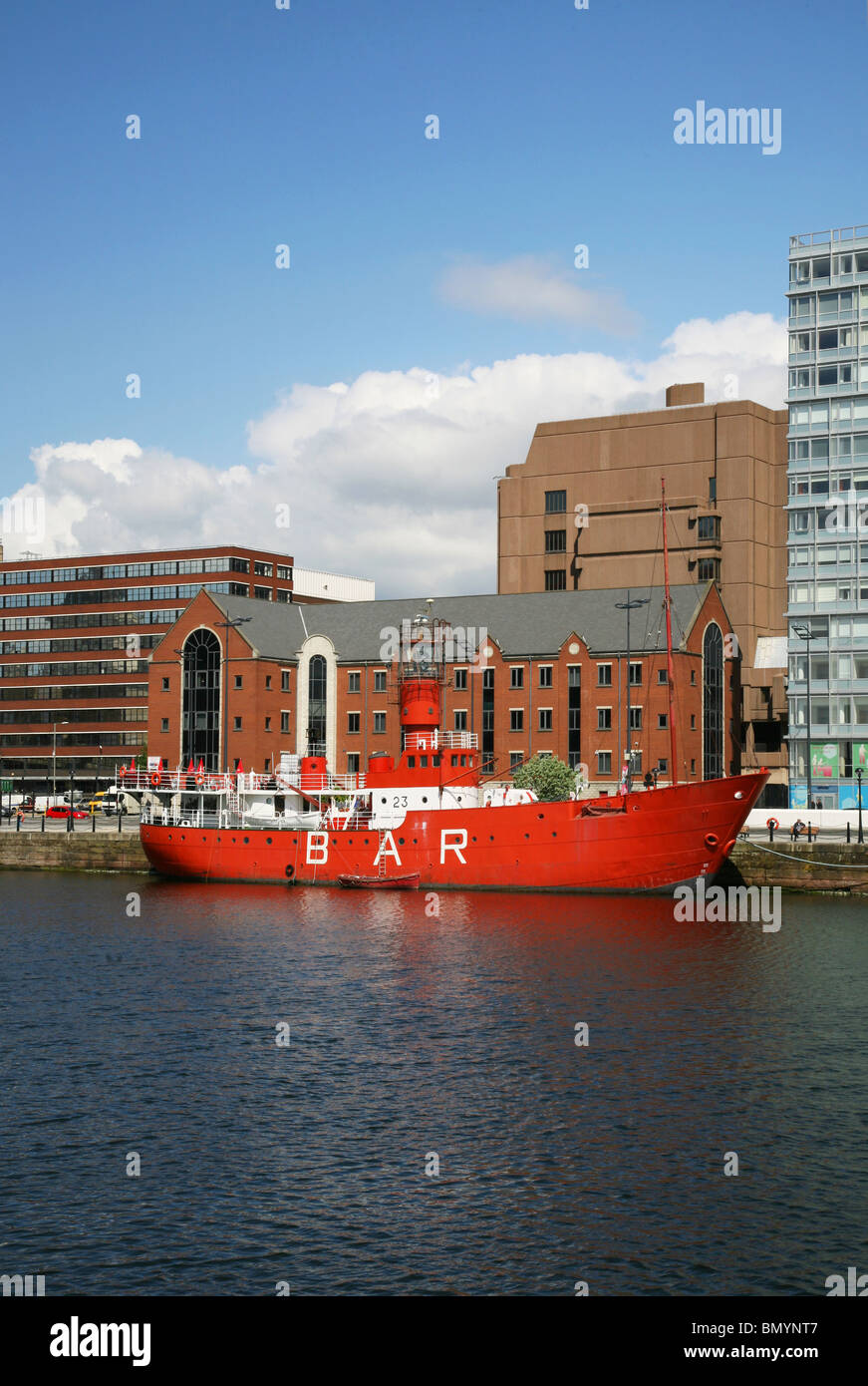 The former Bar Lightship berthed at Canning Dock on the River Mersey, redevelopment of this historic dock was completed in 2009 Stock Photo