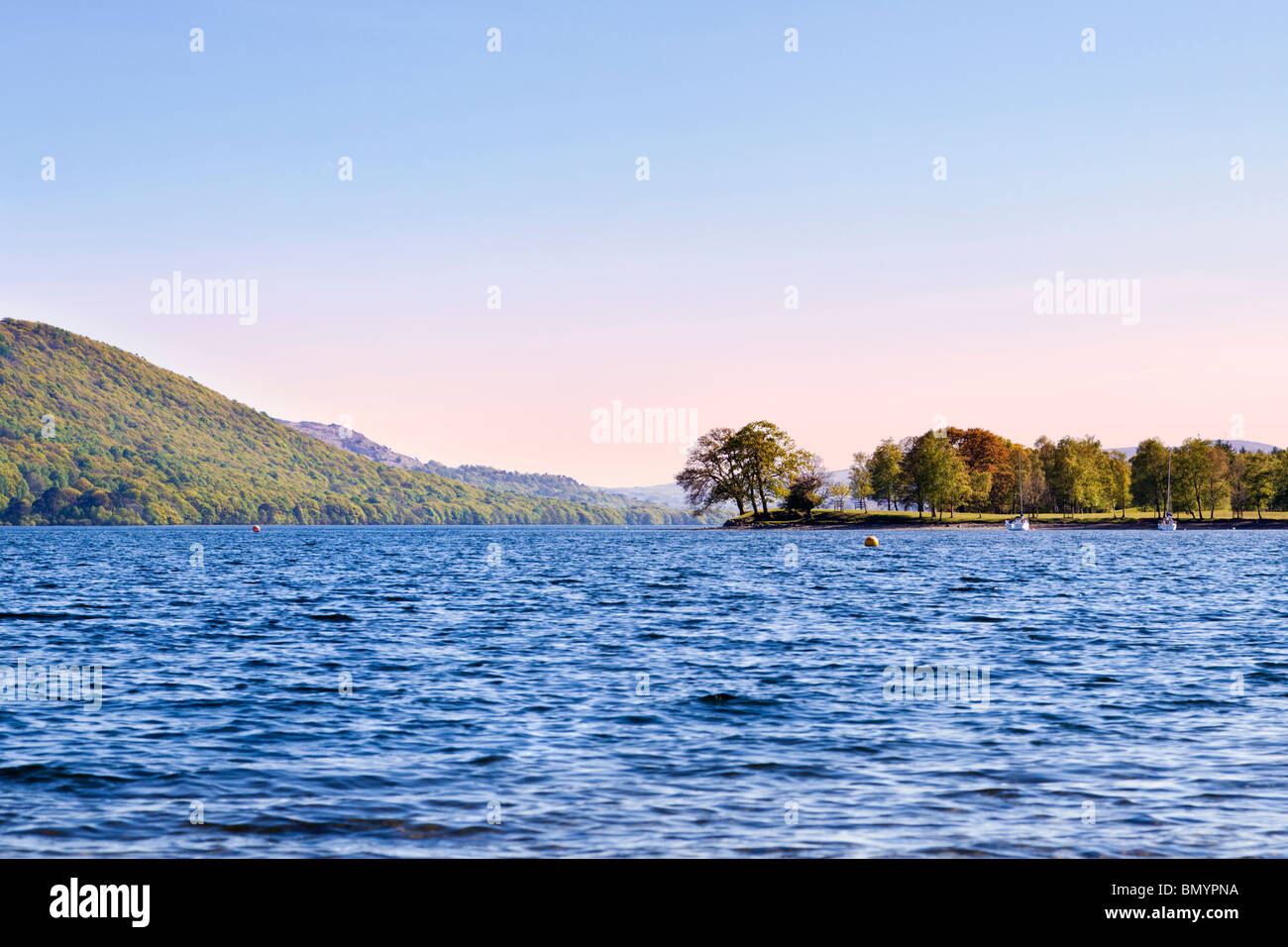 Coniston Water in the Lake District National Park, Cumbria, England, UK looking south towards Lands Point and High Man Stock Photo