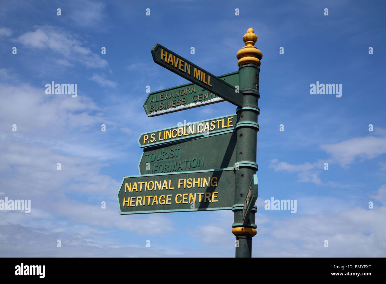 Tourist signpost in the seaside town of Grimsby Stock Photo