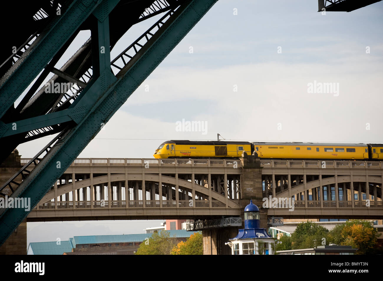 Passenger train on the High Level bridge over the river Tyne. Stock Photo