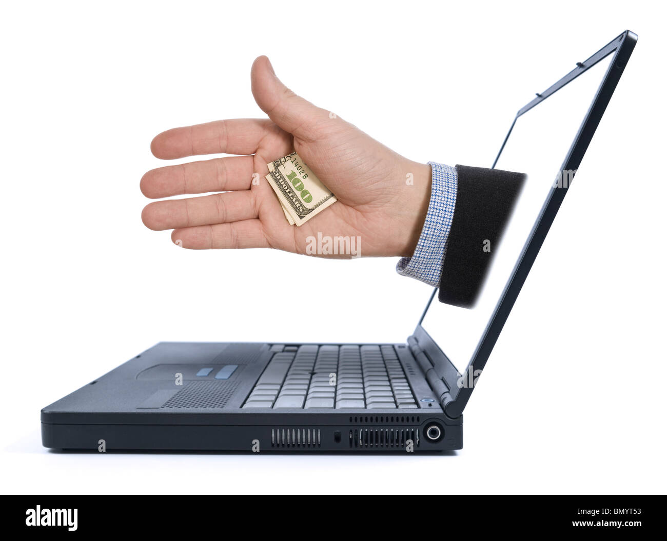 A hand with a hidden tip appears from the laptop screen. Stock Photo