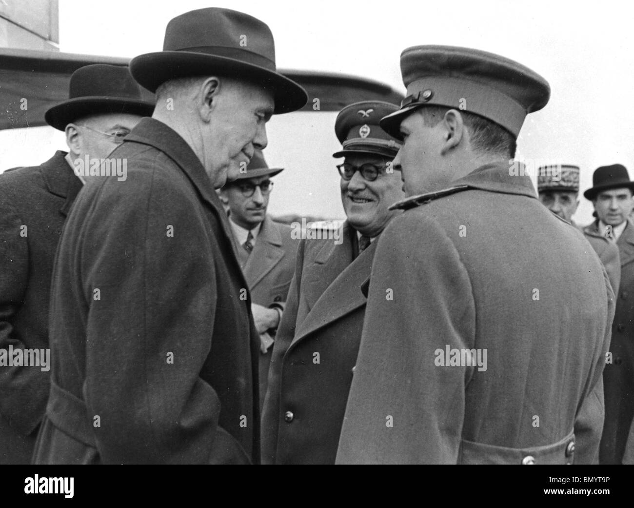 GEORGE MARSHALL  US Secretary of State at Moscow Airport with Deputy-Foreign Affairs Minister Andrei Vyshinsky (glasses) in 1947 Stock Photo