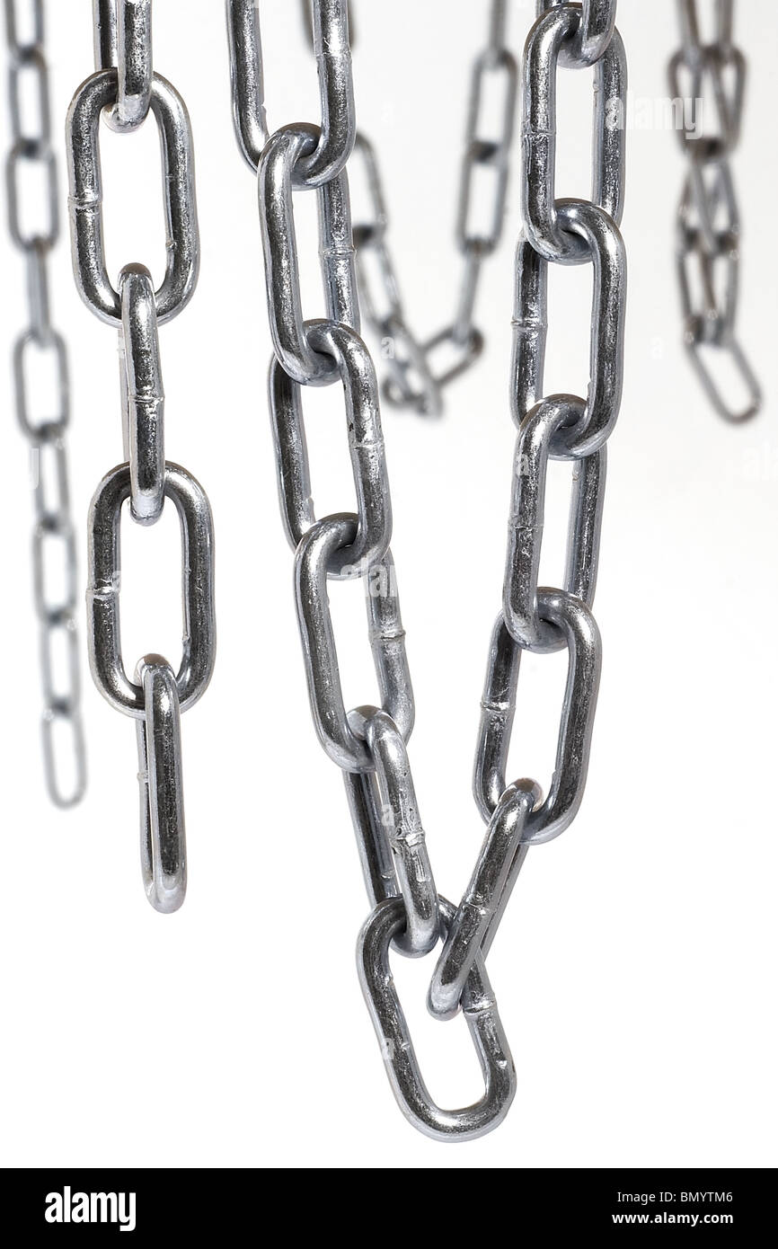 Chains hanging in front of white background Stock Photo Alamy