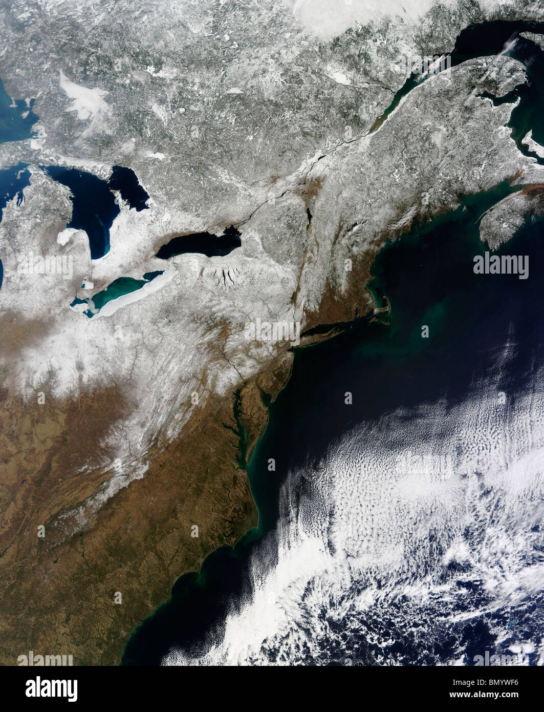 Snow cover stretching from Canada southward to West Virginia. Stock Photo