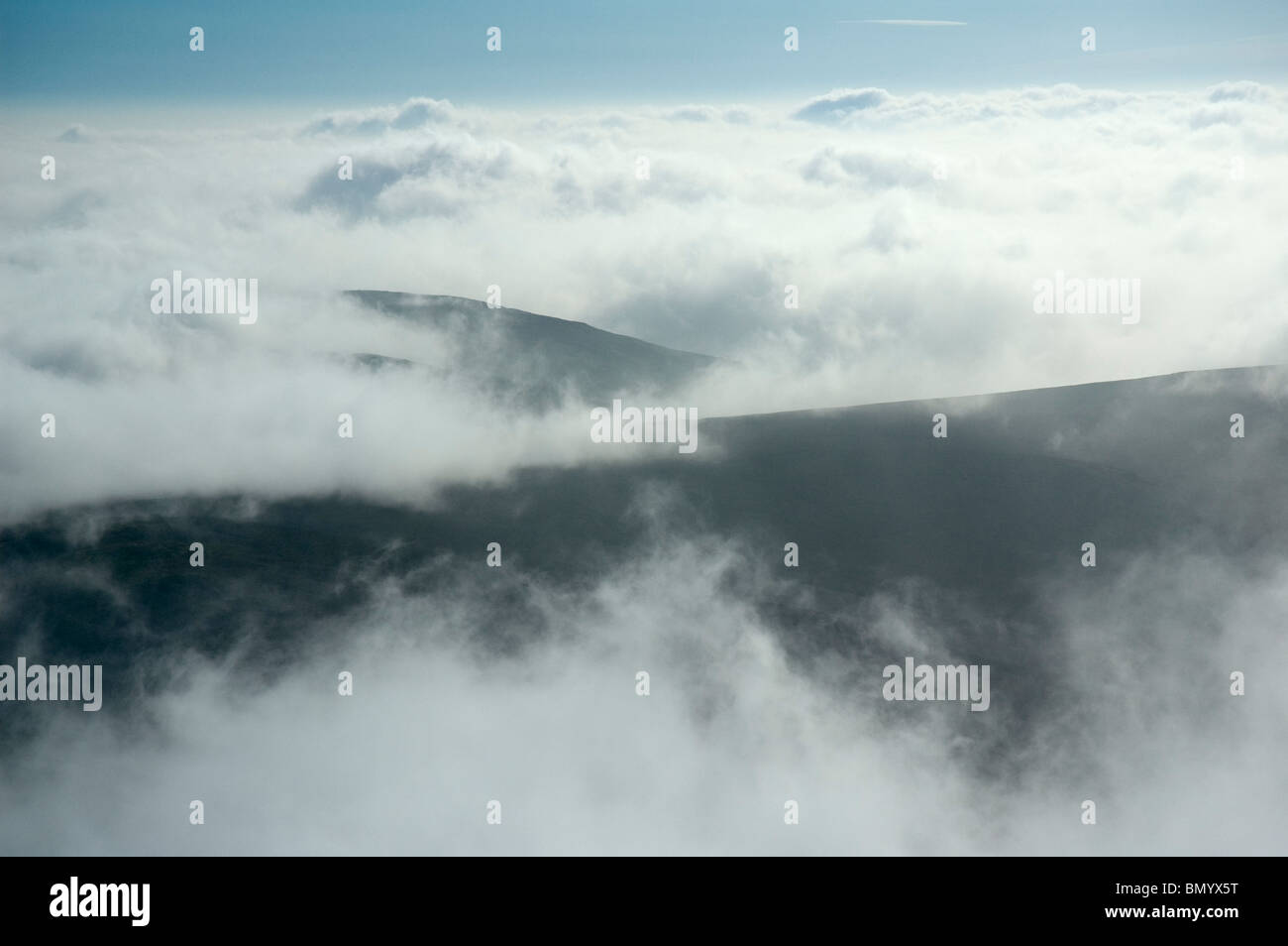 Mist and low cloud from the summit of Cadair Berwyn, Berwyn Hills, Snowdonia, North Wales, UK Stock Photo