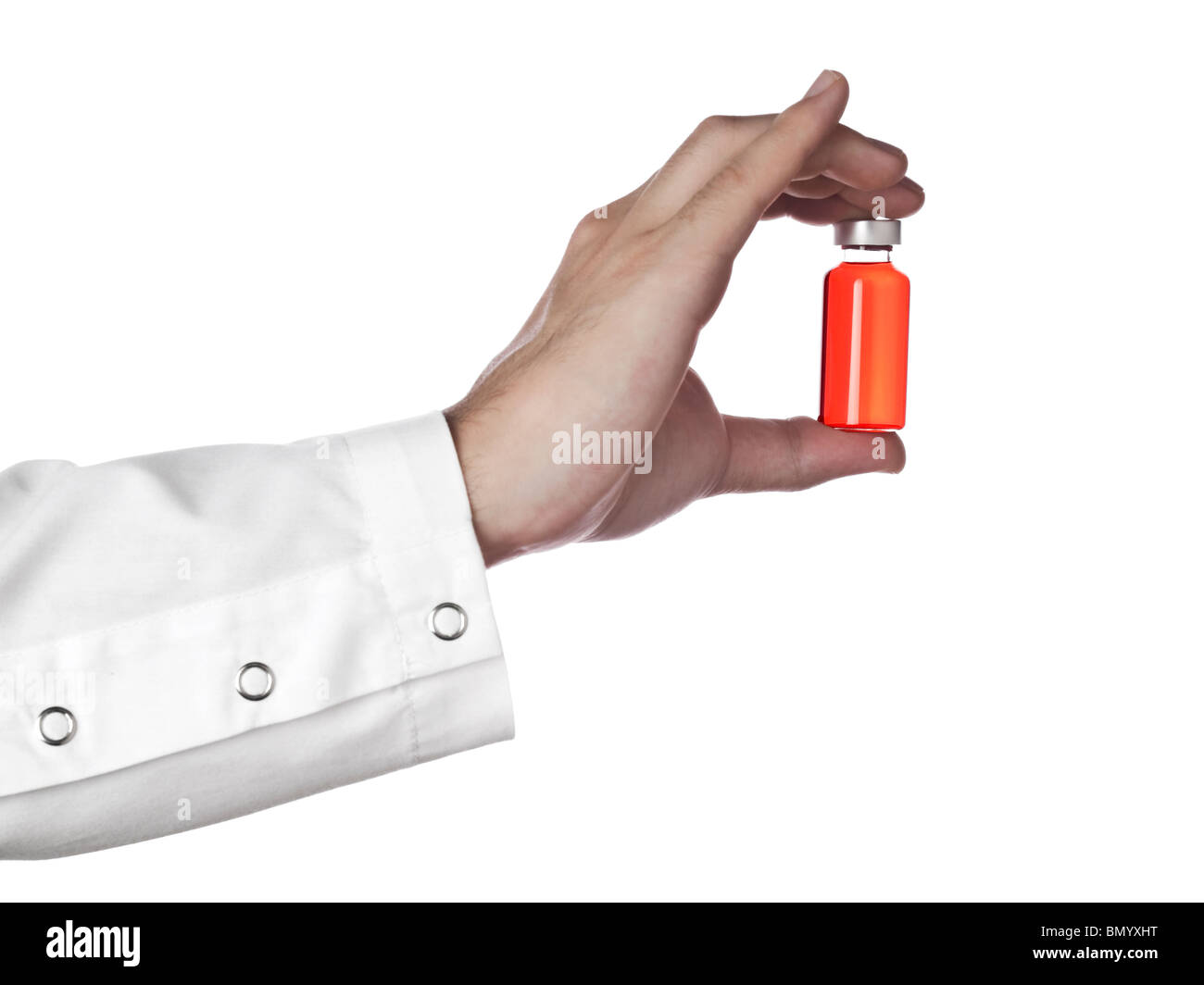 A doctor holds a vial full of red liquid. Isolated on white. Stock Photo