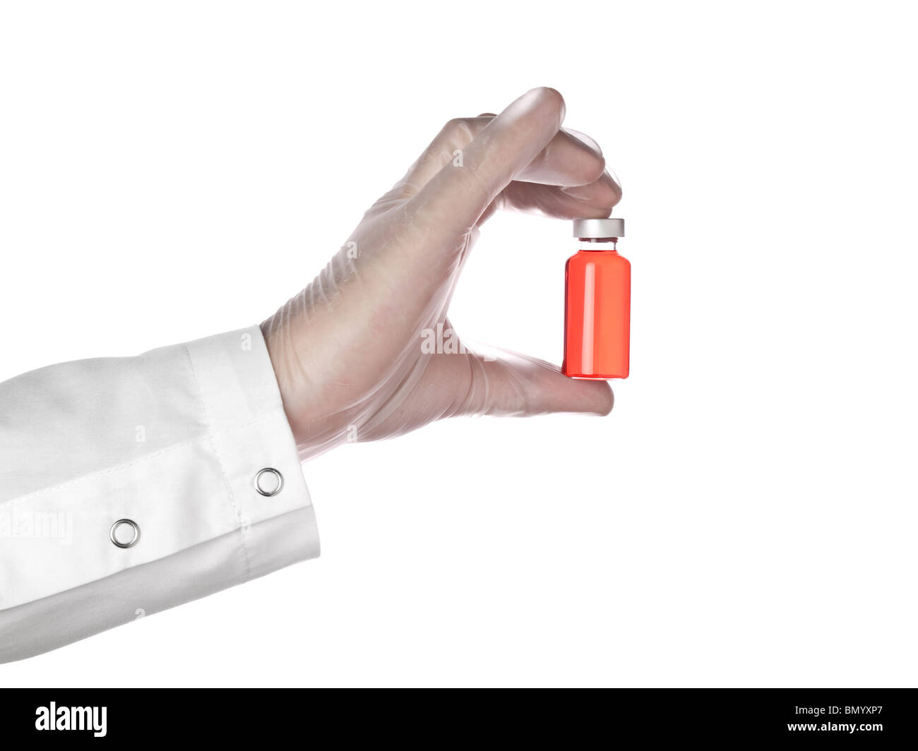 A doctor holds a vial full of red liquid with his latex gloves on. Isolated on white. Stock Photo
