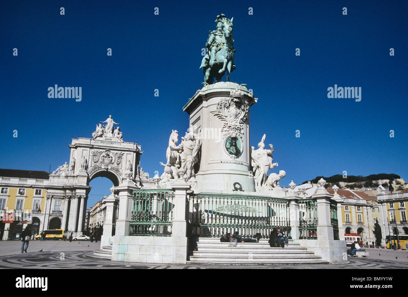 In Lisbon's riverside Praça do Comércio is this imposing statue of King João V on a royal horse Stock Photo
