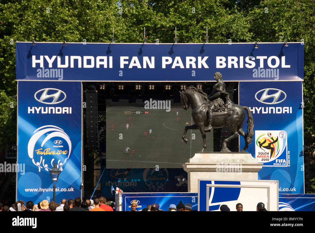 Statue of William III ion front of giant screen, World Cup, Fan Park Bristol, UK Stock Photo