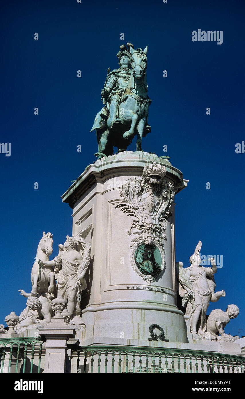 In Lisbon's riverside Praça do Comércio is this imposing statue of King João on a royal horse Stock Photo