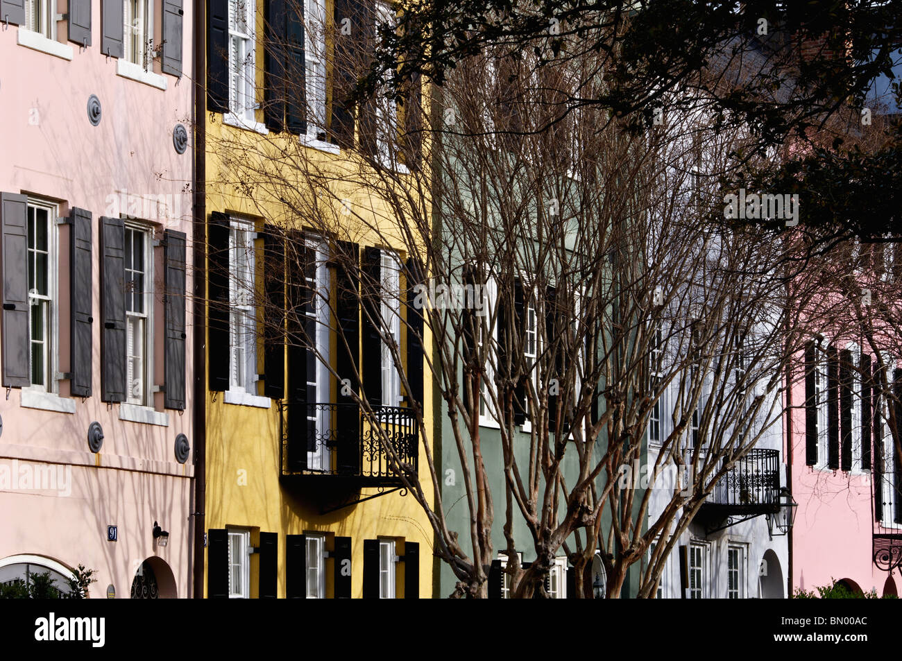 Houses on East Bay Street known as Rainbow Row in Charleston, South Carolina Stock Photo