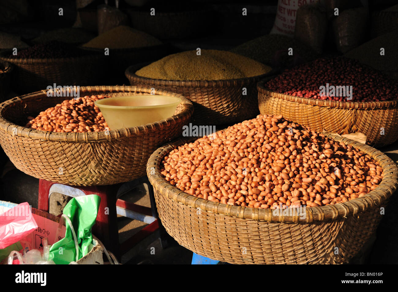 Baskets with Peanuts, Market, Old Quarter, Hanoi, Vietnam Stock Photo