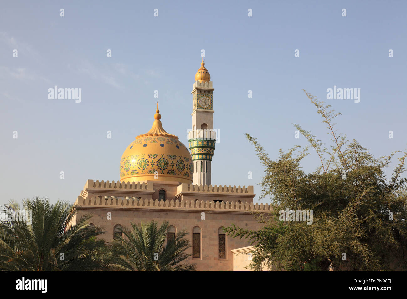 Muttrah Mosque Minaret clock tower and dome of the Zawawi mosque in Muttrah, Sultanate ...