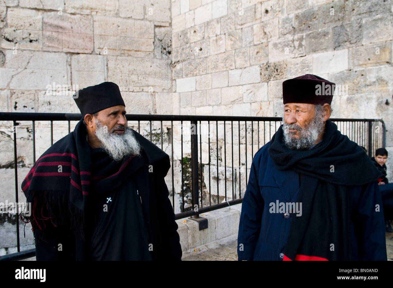 Ethiopian Orthodox priests in the old city of Jerusalem. Stock Photo