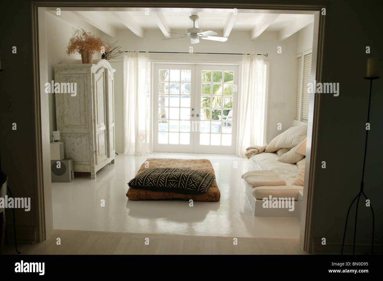 Living Room, View into Tropical Garden Stock Photo