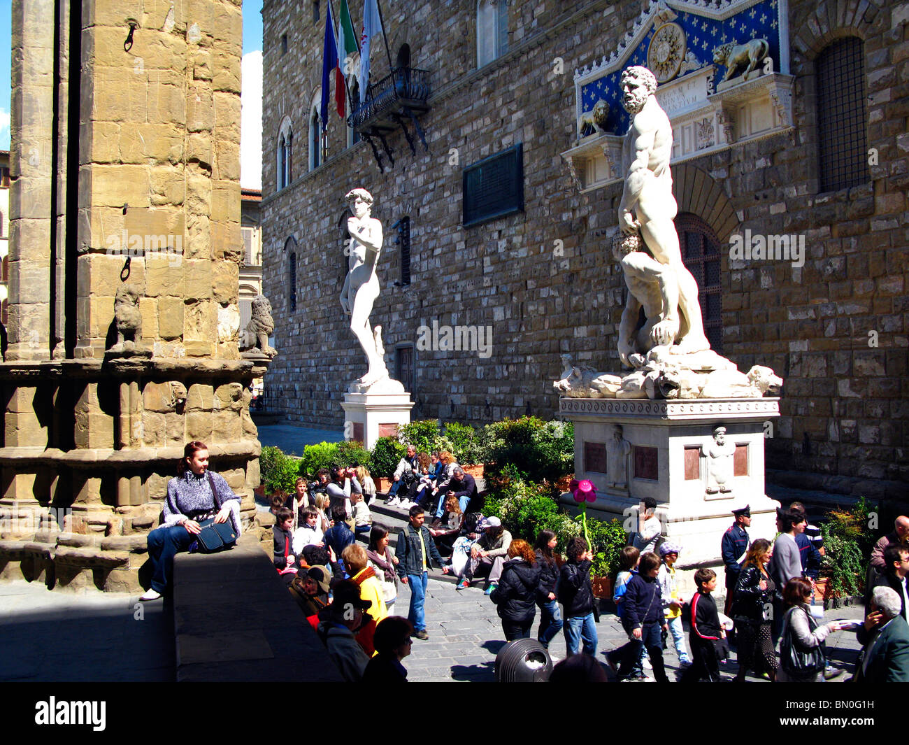 Signoria square, copy of David of Michelangiolo,  Ercole and Caco statue, Florence, Tuscany, Italy, UNESCO World Heritage Site Stock Photo