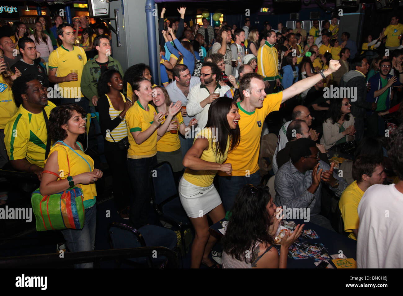 Brazilian football supporters in Jongleurs, Camden, London Stock Photo