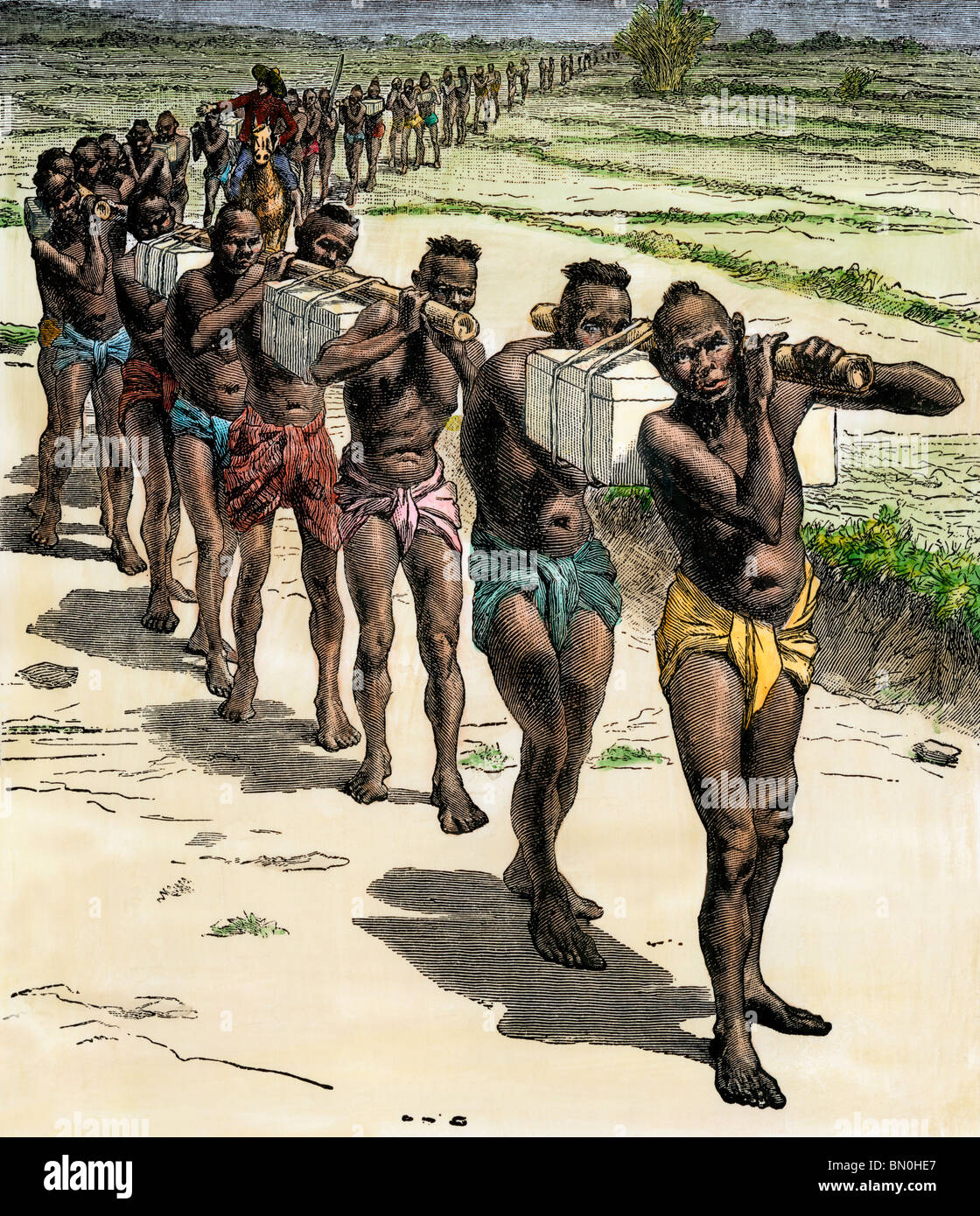 English explorer Richard Burton's march towards central Africa, 1850s. Hand-colored woodcut Stock Photo