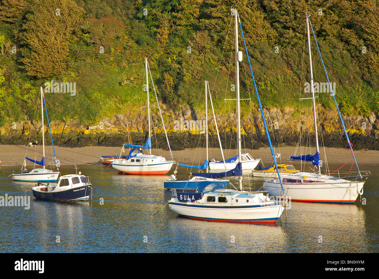 small sailing boats moored in Sova Harbour at low tide Stock Photo