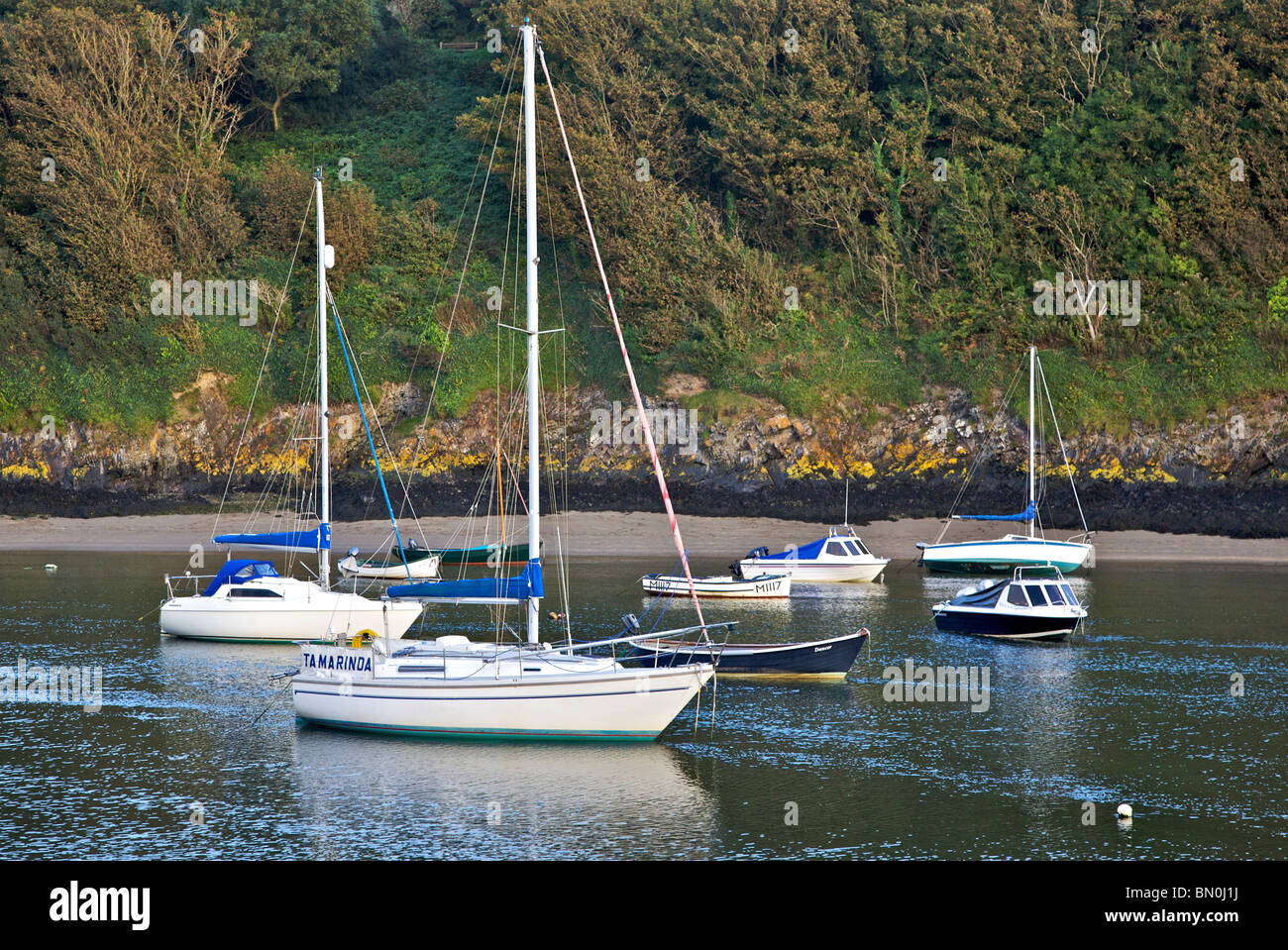 small sailing boats moored in Sova Harbour at low tide Stock Photo