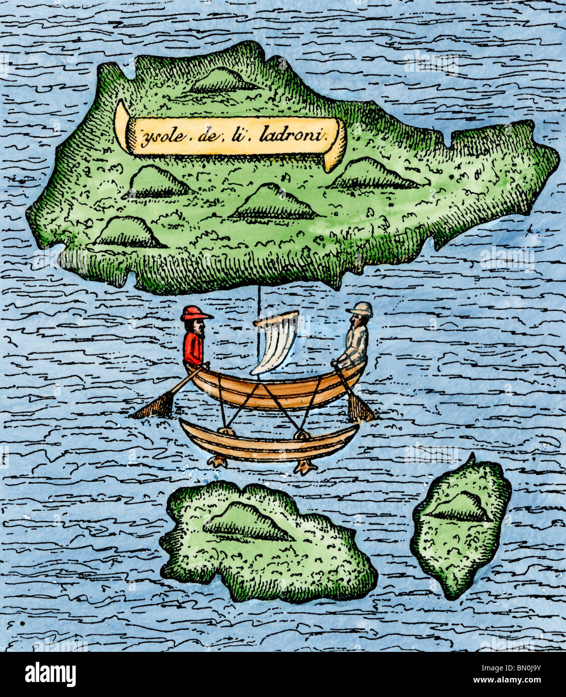 The Ladrones, later called the Marianas, and a native outrigger drawn by Pigafetta on the Magellan's circumnavigation, 1521. Hand-colored woodcut Stock Photo