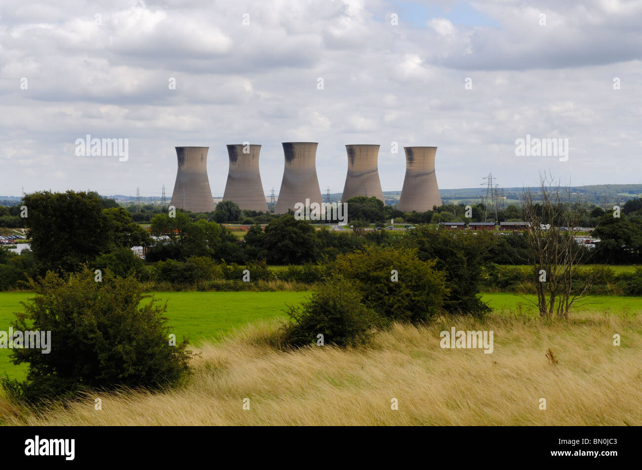The five remaining cooling towers of the old Willington power station, Derbyshire, England. Stock Photo