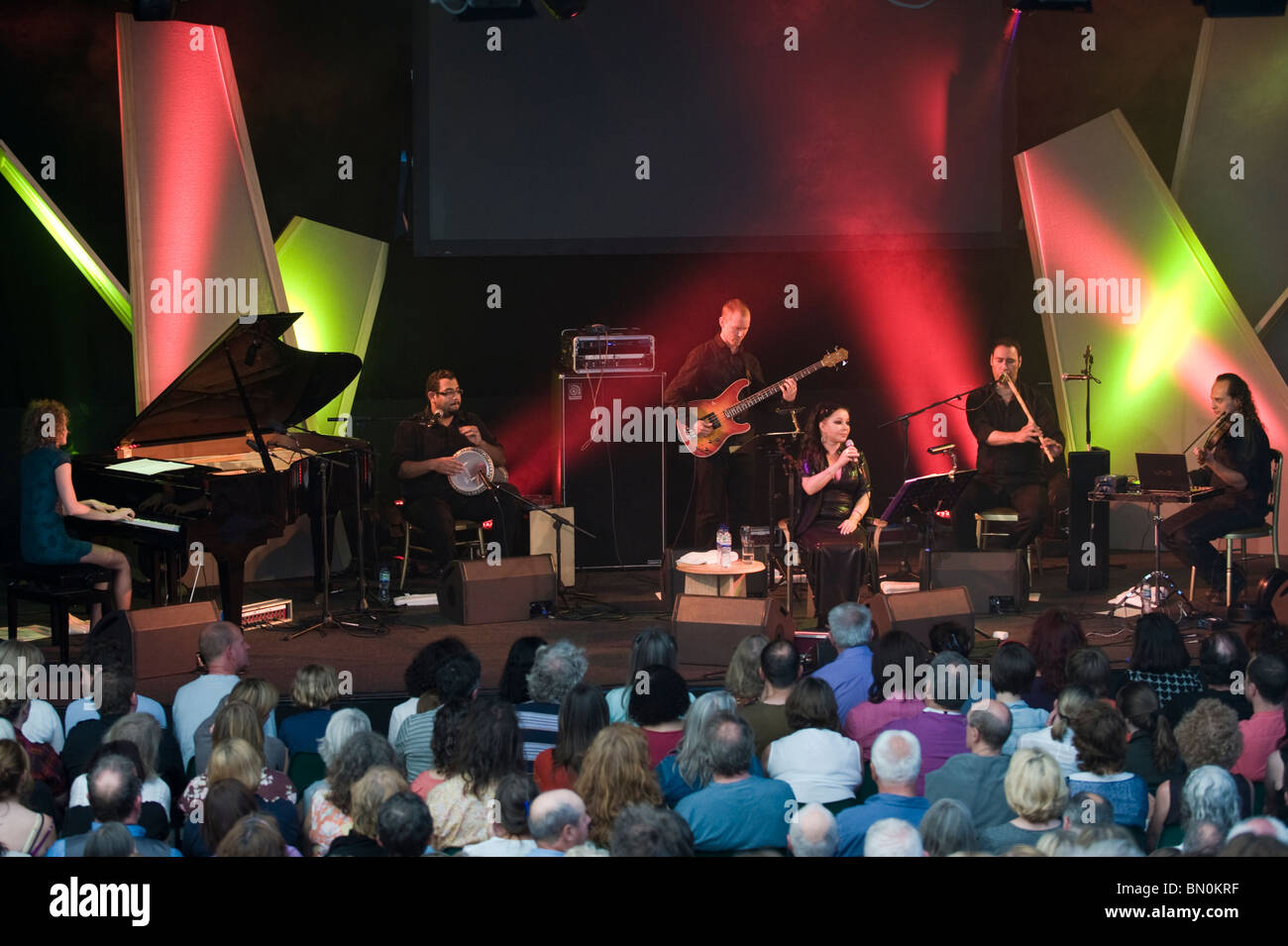 Belgian born Arabic singer Natacha Atlas performing on stage at Hay Festival 2010 Hay on Wye Powys Wales UK Stock Photo