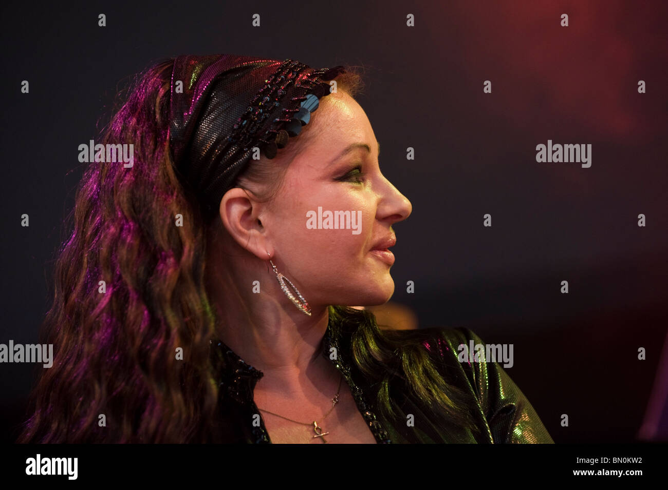 Belgian born Arabic singer Natacha Atlas performing on stage at Hay Festival 2010 Hay on Wye Powys Wales UK Stock Photo