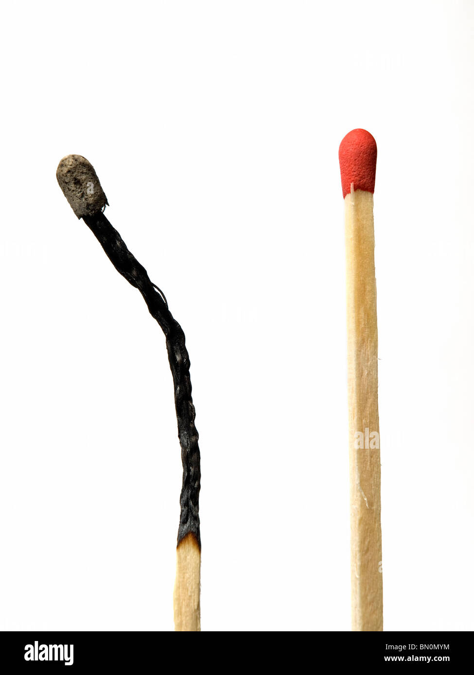 Matches before and after combustion, isolated on white background. Stock Photo