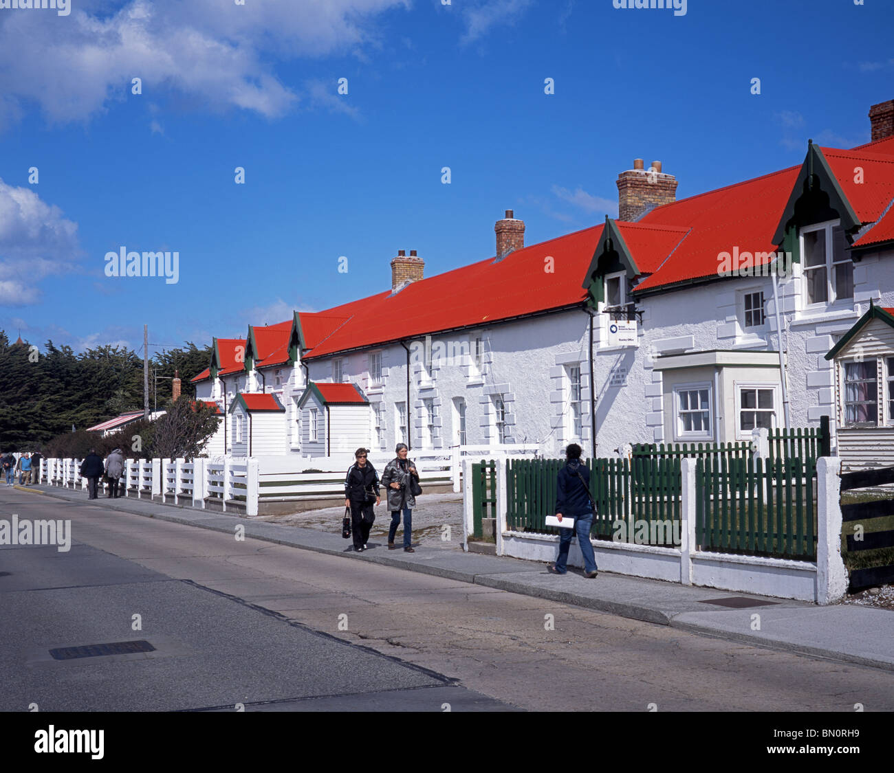 Whitewashed terraced houses along seafront, Port Stanley, Falkland