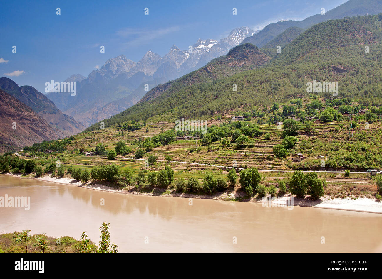 Panoramic view Upper Yantse River and Yulong Xueshan Mountains Yunnan China Stock Photo