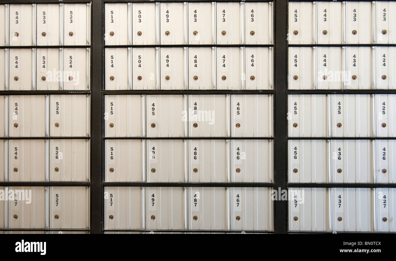 Post office boxes. These postoffice boxes are numbered with three digits and they are all closed Stock Photo