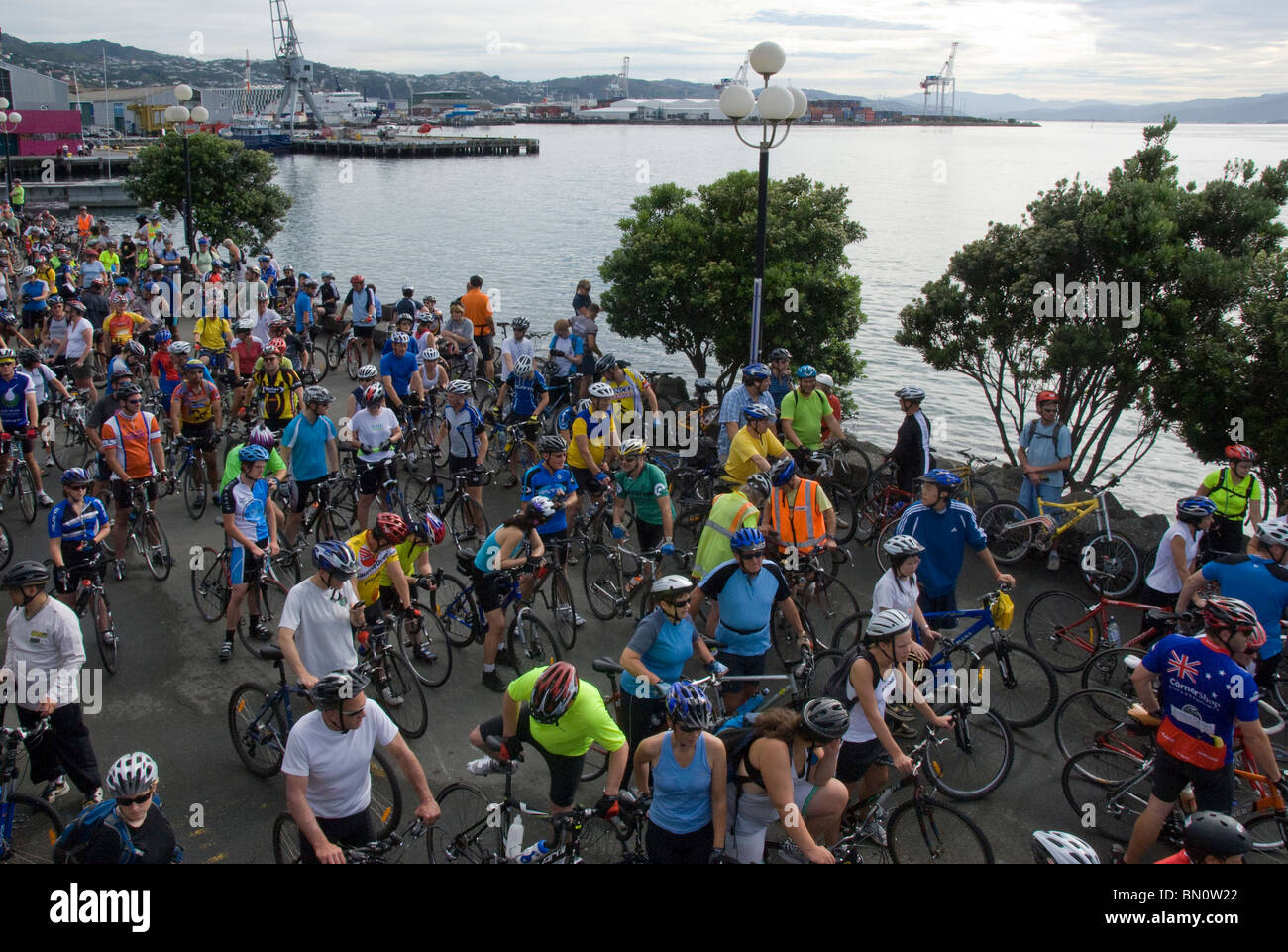 Start of "Round the Bays" cycle event, waterfront, Wellington, North Island, New Zealand Stock