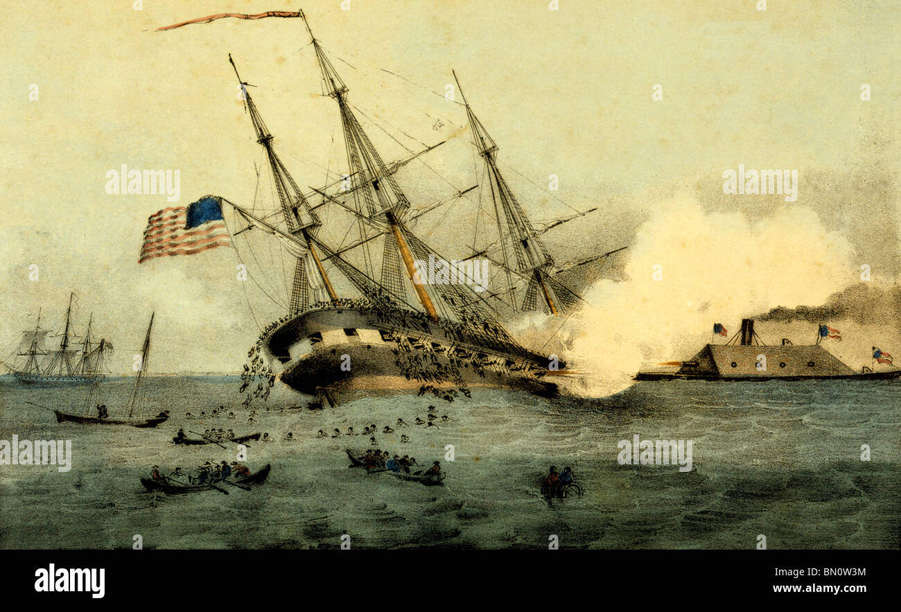 The sinking of the Cumberland by the iron clad Merrimac, off Newport News Virginia March 8th 1862 USA Civil War Stock Photo