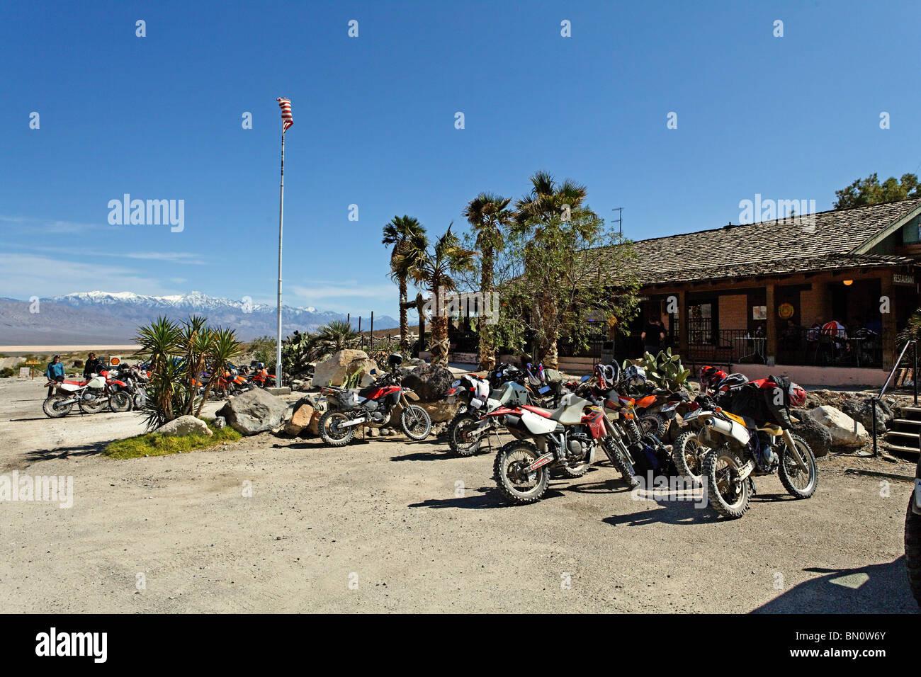 Dirt Bikes Parked in front of the Panamint Spring Restaurant, Death Valley, California Stock Photo
