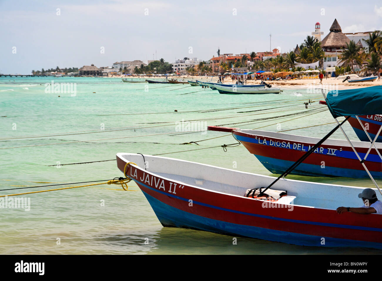 Fishing Boats Anchored on a Beach, Playa Del Carmen, Mexico Stock Photo
