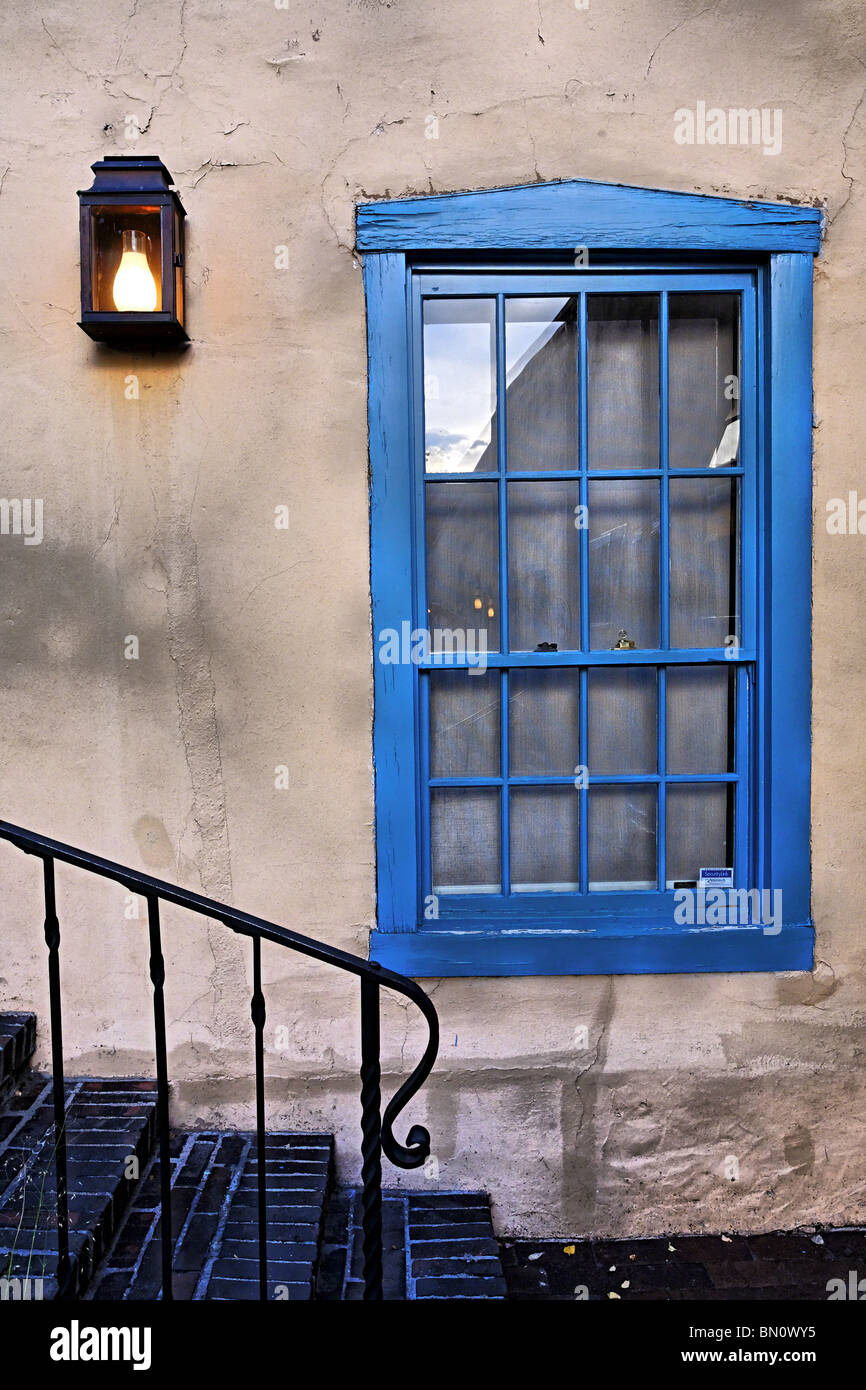 Blue Window of an Adobe Building, Santa Fe, New Mexico Stock Photo