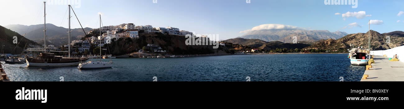 Agia Galini resort on Crete, Greece. Extreme wide angle panorama. Stock Photo