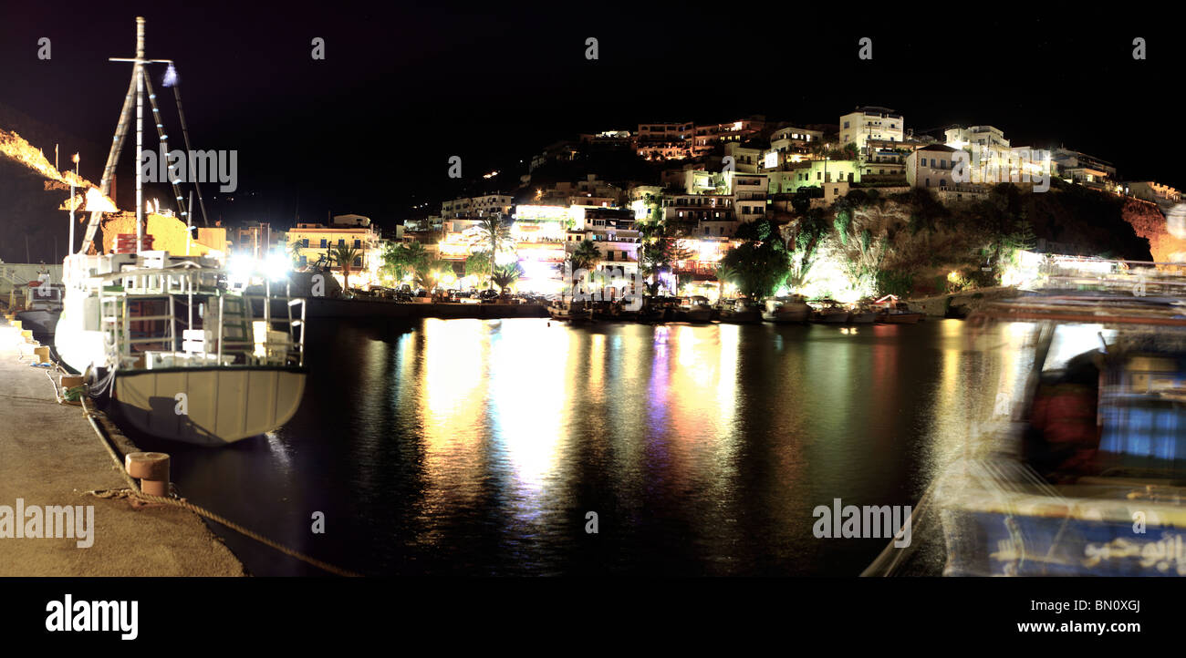 Agia Galini harbour, on the south coast of Crete, Greece, at night, Stock Photo