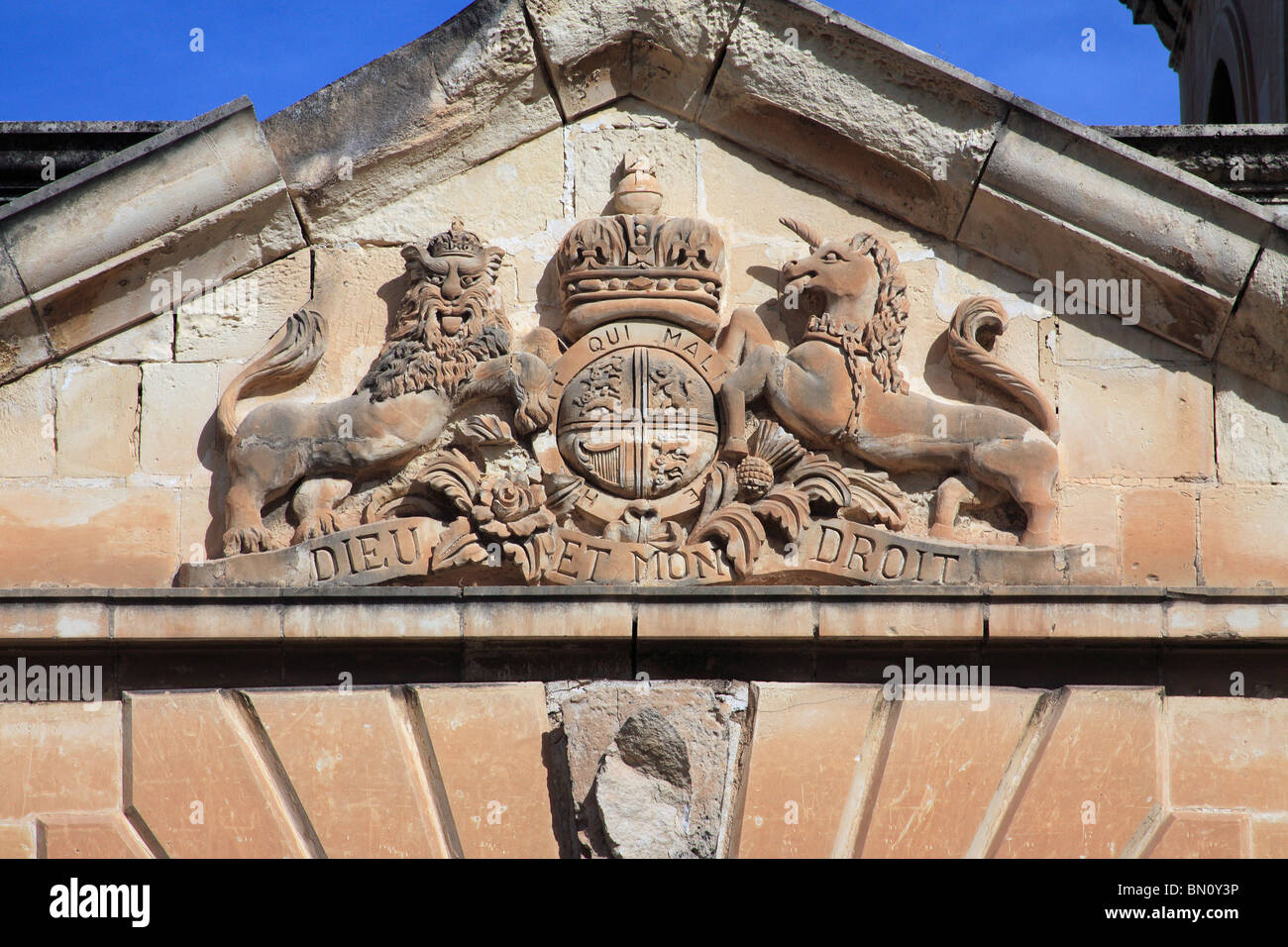 Valletta, Malta. Coat of arms, unicorn and lion and a crown set into a
