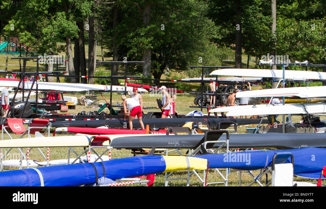 Racing boats and crews at the US Rowing National Championship Regatta Stock Photo