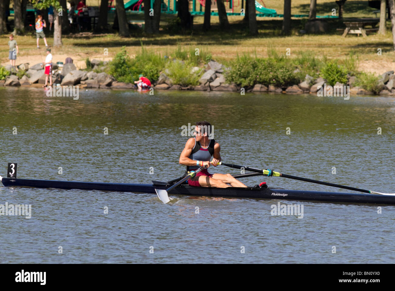 A Young male rower at the US Rowing National Championship Regatta at Mercer County Park New Jersey. Lake Mercer. Stock Photo