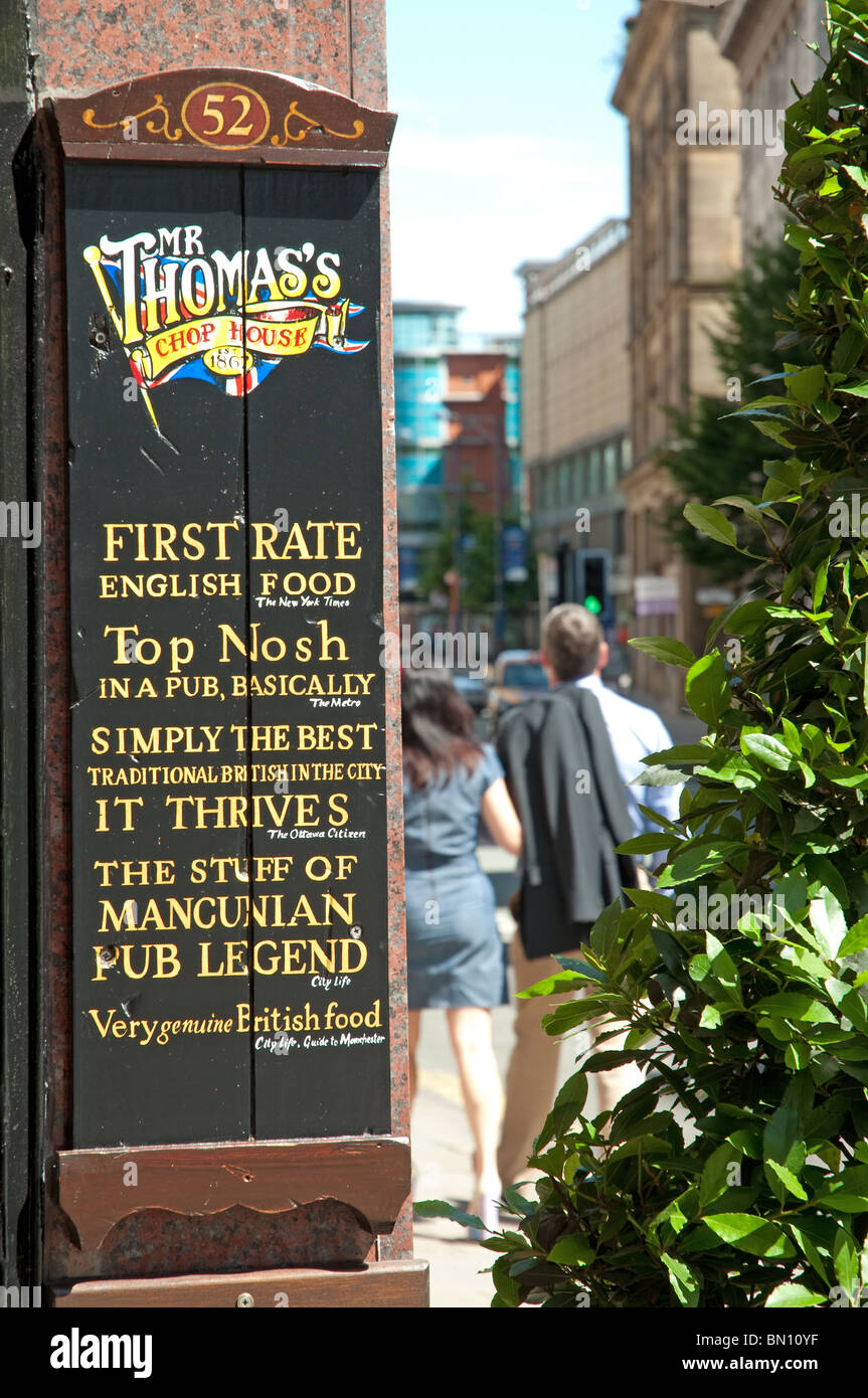Sign at the entrance to Mr Thomas's Chop House,Cross Street,Manchester.Pub and restaurant since 1870, Grade II listed building. Stock Photo
