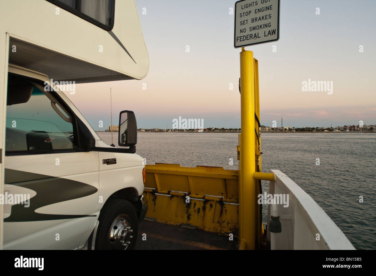 Texas, Port Aransas RV camper motorhome on vehicle ferry to Port