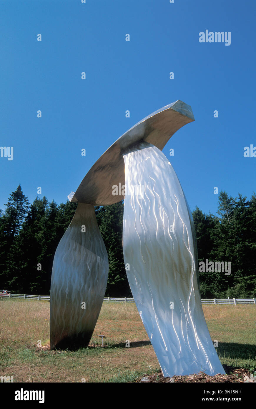 Metal sculpture by artist Micajah Bienvenu at Westcott Bay Sculpture Park, San Juan Island, Washington. Stock Photo