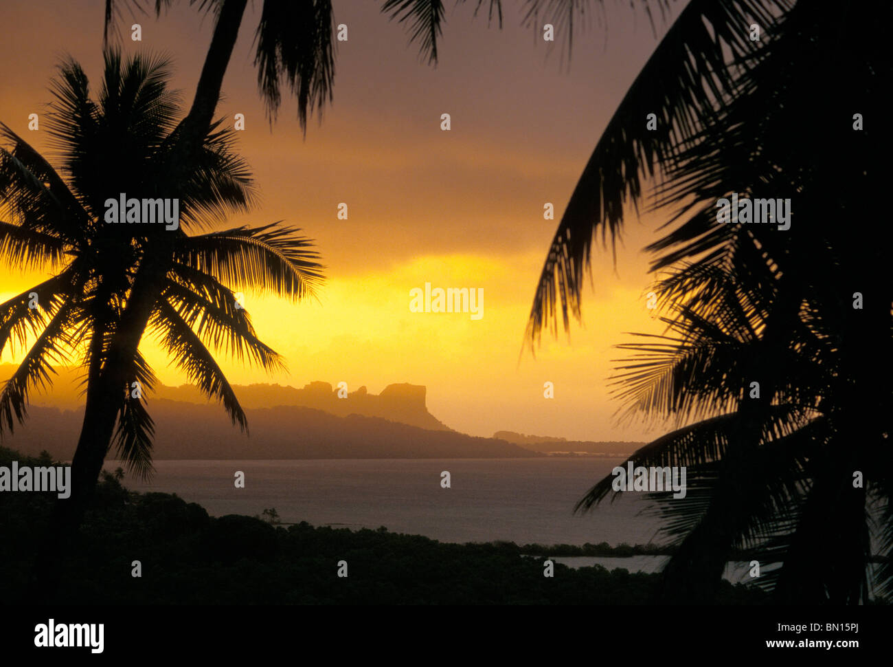 Sokehs Sokehs Rock, lagoon and palm trees at sunset from the restaurant and ...